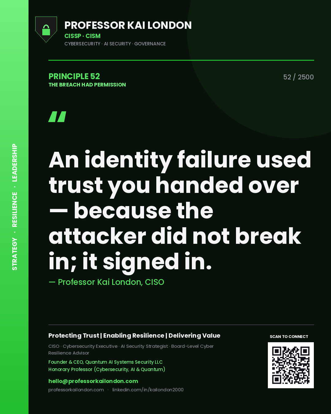 Professor Kai London principle 52: An identity failure used trust you handed over — because the attacker did not break in; it signed in.
