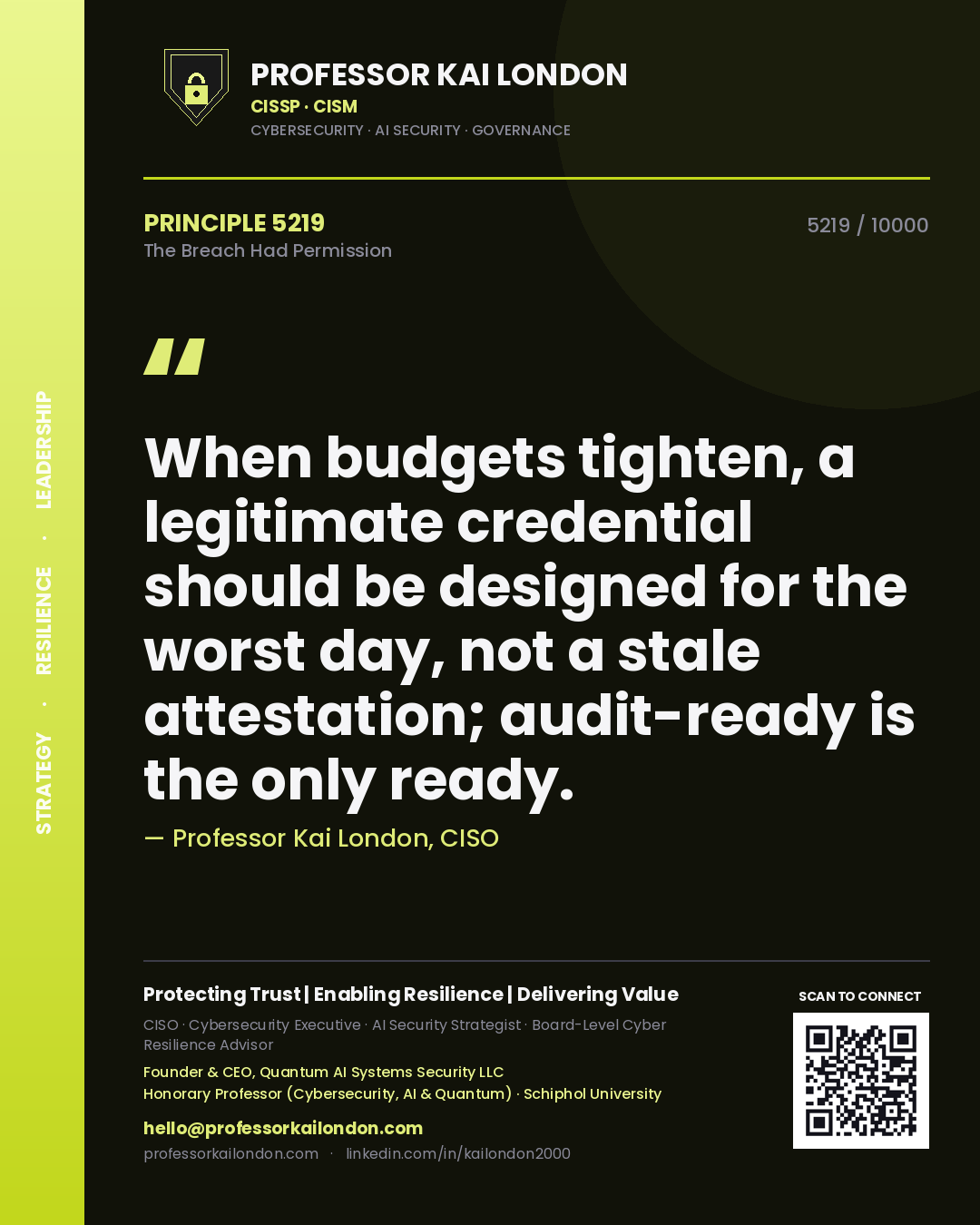 Quote card by Professor Kai London reading 'When budgets tighten, a legitimate credential should be designed for the worst day, not a stale attestation; audit-ready is the only ready.'. From the book The Breach Had Permission.