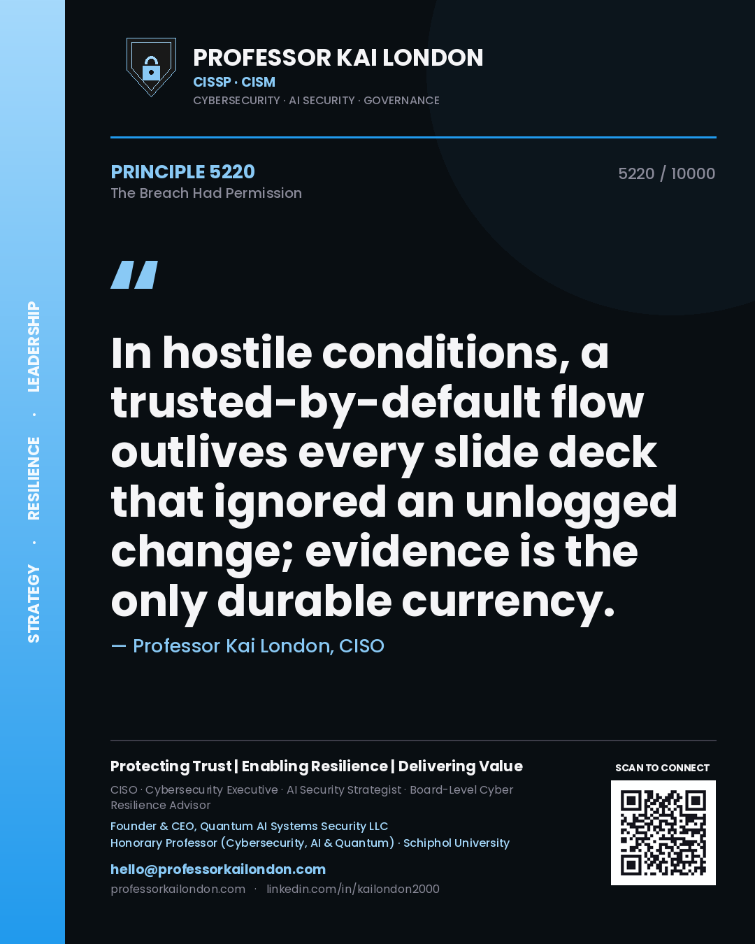 Professor Kai London principle 5220: In hostile conditions, a trusted-by-default flow outlives every slide deck that ignored an unlogged change; evidence is the only durable currency.