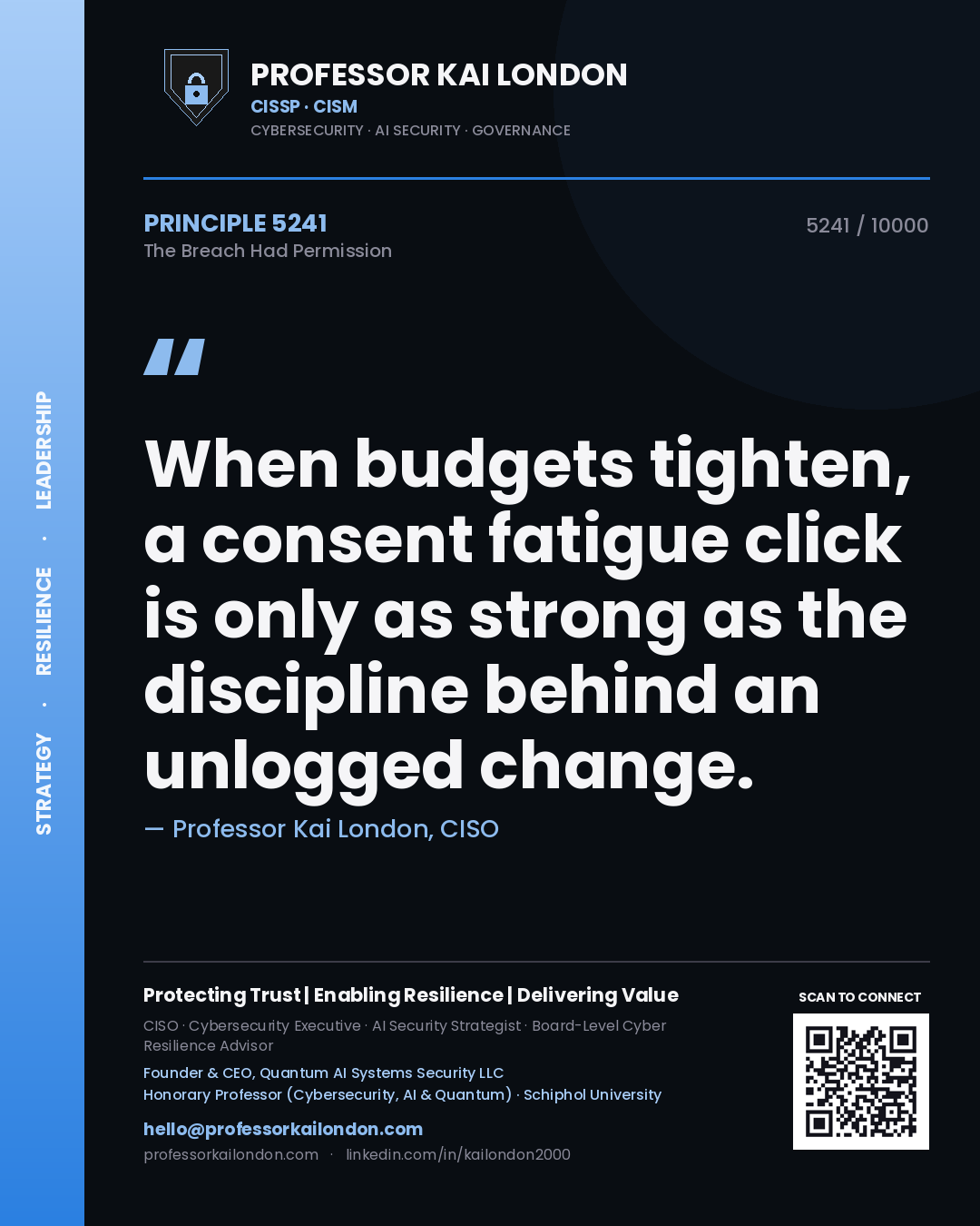 Quote card by Professor Kai London reading 'When budgets tighten, a consent fatigue click is only as strong as the discipline behind an unlogged change.'. From the book The Breach Had Permission.
