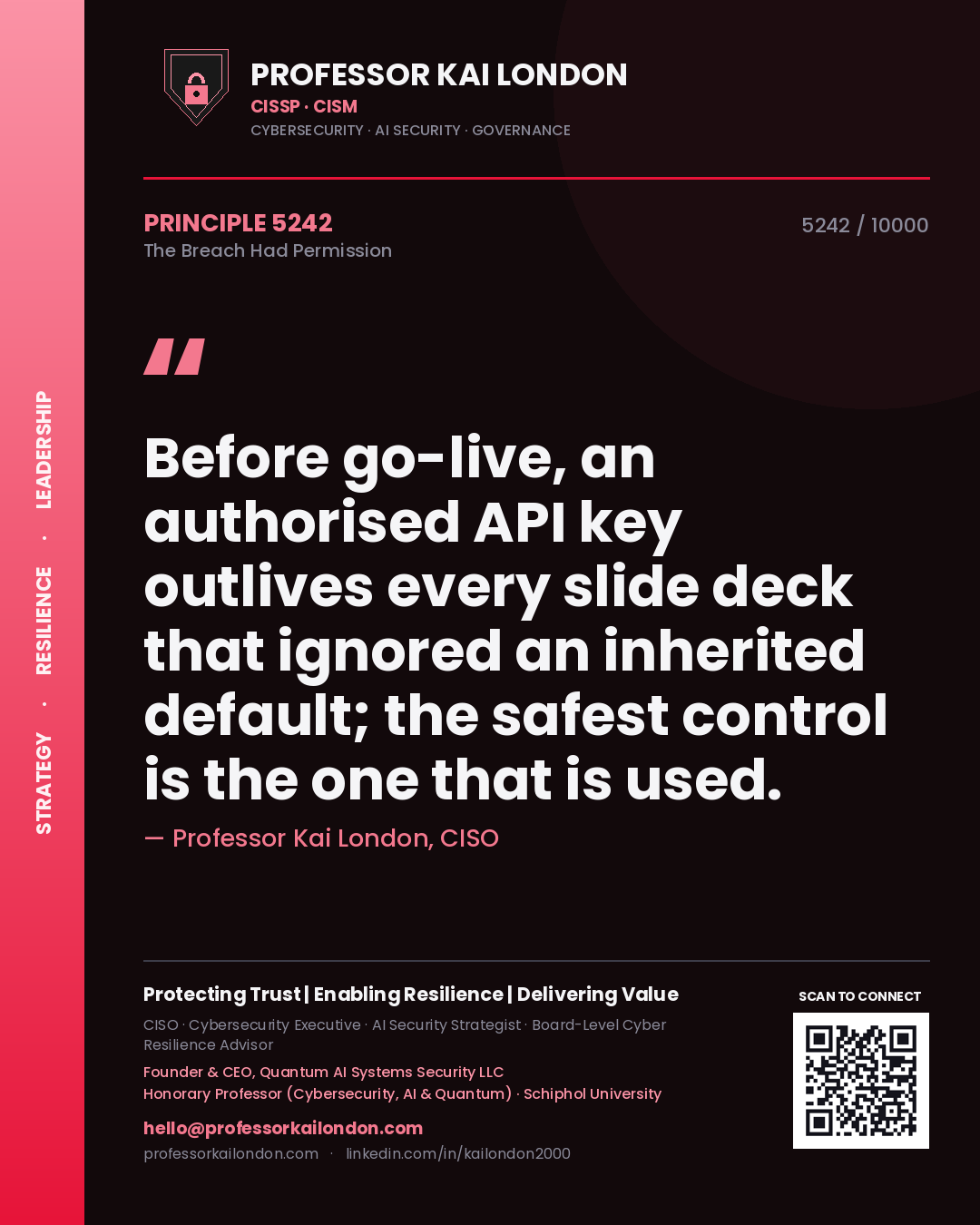 Professor Kai London principle 5242: Before go-live, an authorised API key outlives every slide deck that ignored an inherited default; the safest control is the one that is used.