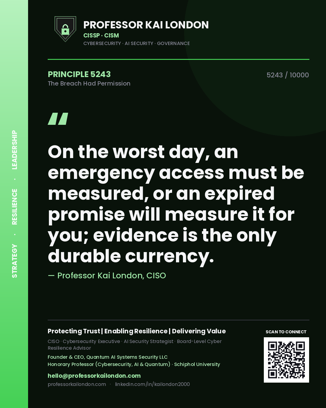 Professor Kai London principle 5243: On the worst day, an emergency access must be measured, or an expired promise will measure it for you; evidence is the only durable currency.
