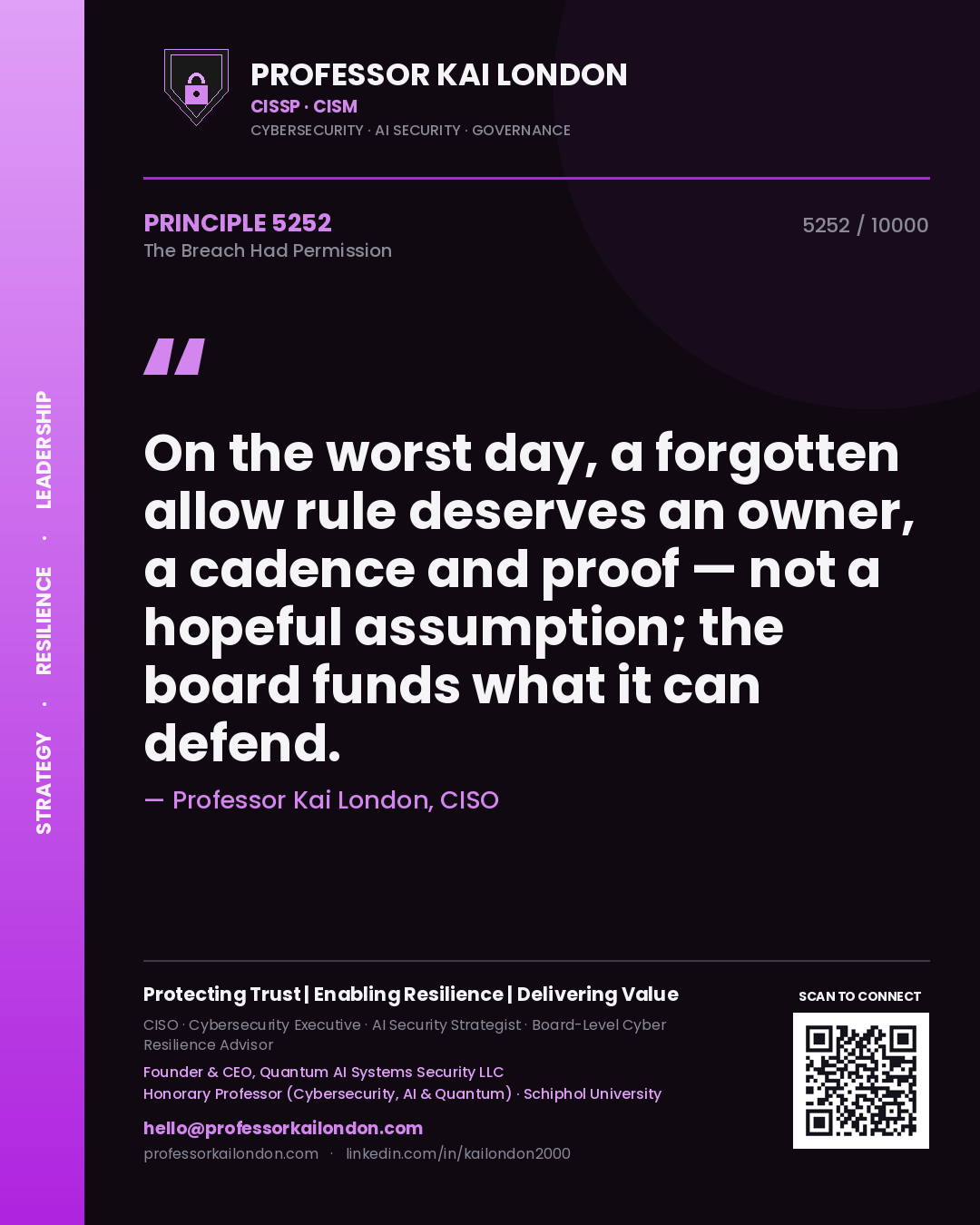 Quote card by Professor Kai London reading 'On the worst day, a forgotten allow rule deserves an owner, a cadence and proof — not a hopeful assumption; the board funds what it can defend.'. From the book The Breach Had Permission.