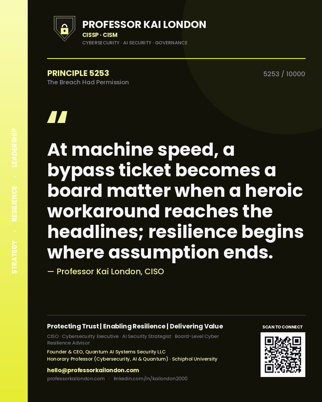 Quote card by Professor Kai London reading 'At machine speed, a bypass ticket becomes a board matter when a heroic workaround reaches the headlines; resilience begins where assumption ends.'. From the book The Breach Had Permission.