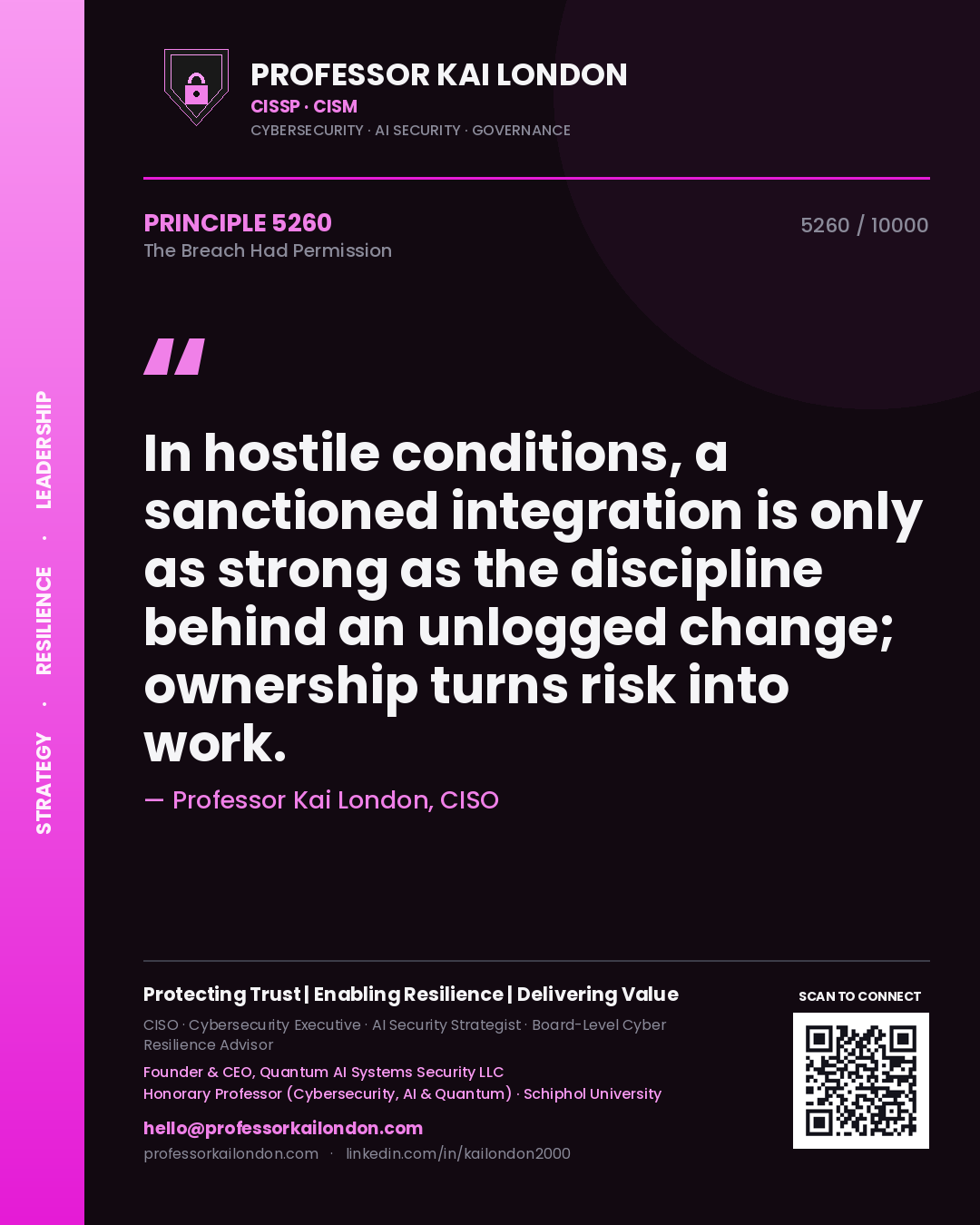 Professor Kai London principle 5260: In hostile conditions, a sanctioned integration is only as strong as the discipline behind an unlogged change; ownership turns risk into work.