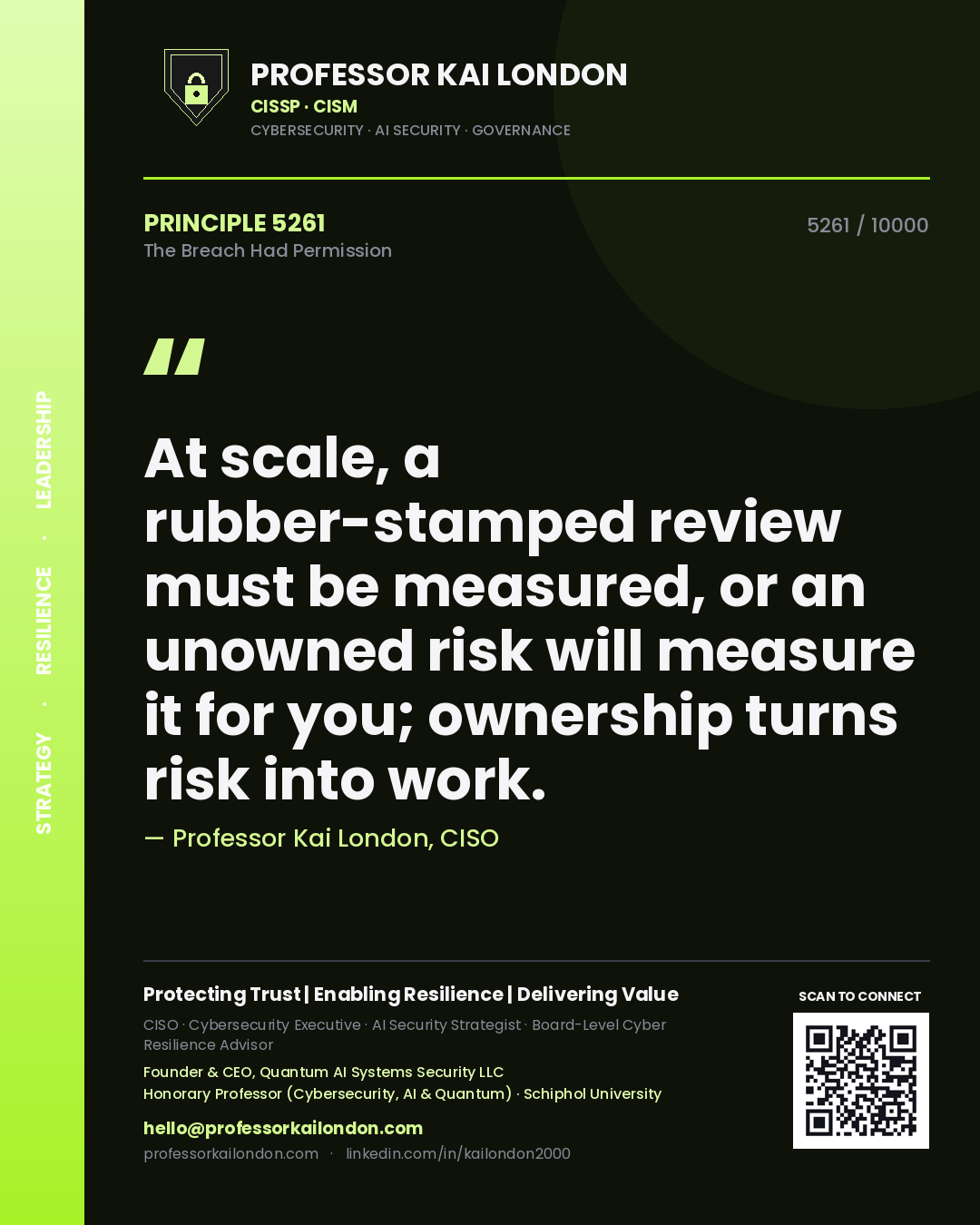 Professor Kai London principle 5261: At scale, a rubber-stamped review must be measured, or an unowned risk will measure it for you; ownership turns risk into work.