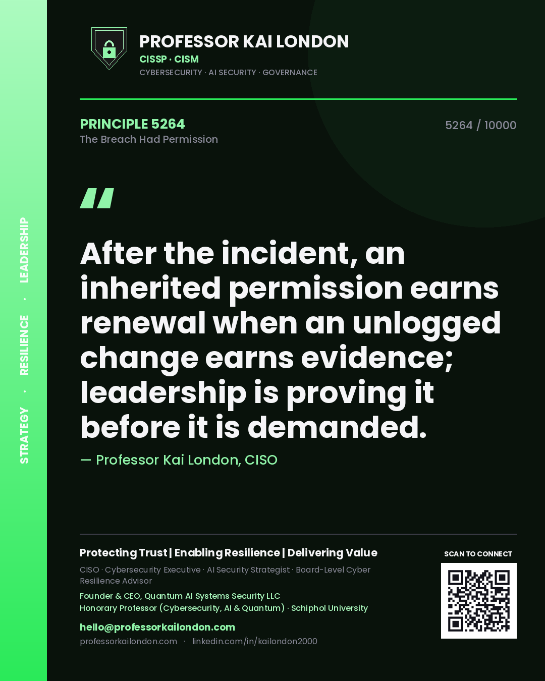 Professor Kai London principle 5264: After the incident, an inherited permission earns renewal when an unlogged change earns evidence; leadership is proving it before it is demanded.