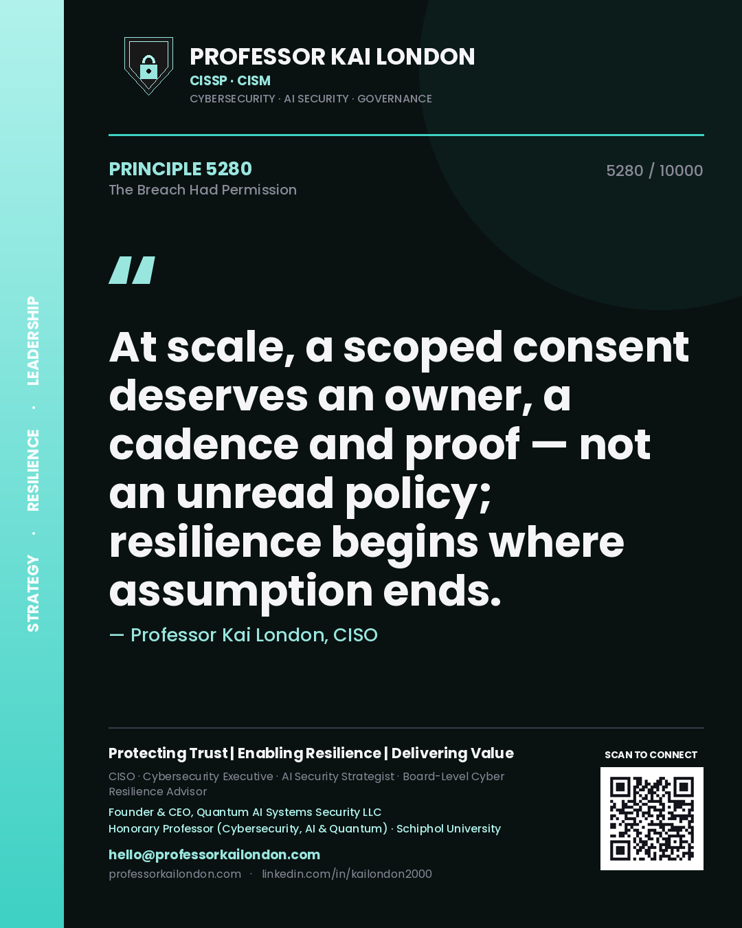 Professor Kai London principle 5280: At scale, a scoped consent deserves an owner, a cadence and proof — not an unread policy; resilience begins where assumption ends.