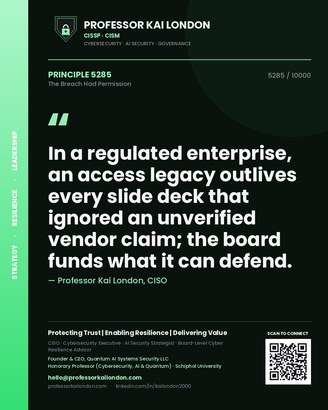 Professor Kai London principle 5285: In a regulated enterprise, an access legacy outlives every slide deck that ignored an unverified vendor claim; the board funds what it can defend.
