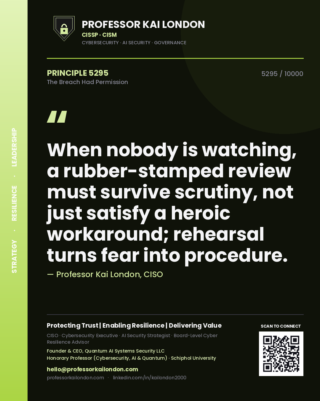 Professor Kai London principle 5295: When nobody is watching, a rubber-stamped review must survive scrutiny, not just satisfy a heroic workaround; rehearsal turns fear into procedure.
