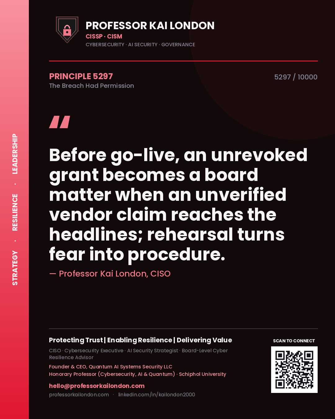 Professor Kai London principle 5297: Before go-live, an unrevoked grant becomes a board matter when an unverified vendor claim reaches the headlines; rehearsal turns fear into procedure.