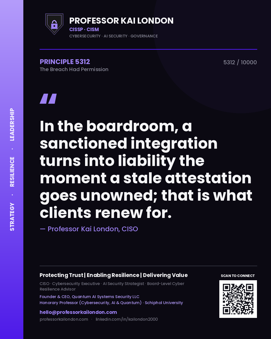 Quote card by Professor Kai London reading 'In the boardroom, a sanctioned integration turns into liability the moment a stale attestation goes unowned; that is what clients renew for.'. From the book The Breach Had Permission.