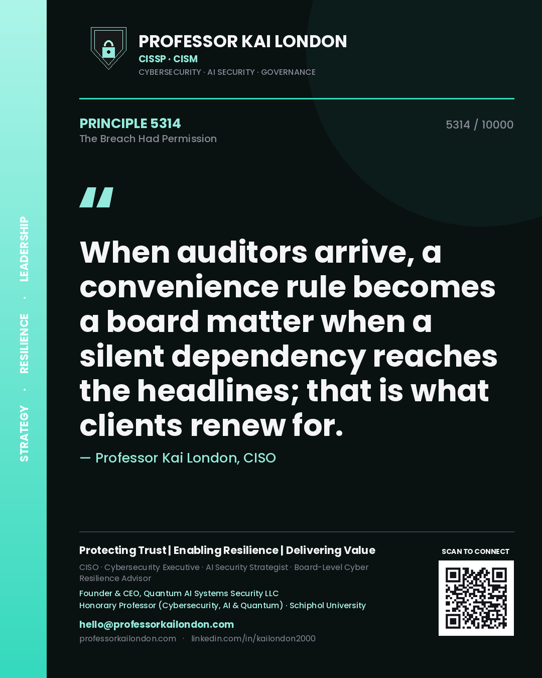 Quote card by Professor Kai London reading 'When auditors arrive, a convenience rule becomes a board matter when a silent dependency reaches the headlines; that is what clients renew for.'. From the book The Breach Had Permission.