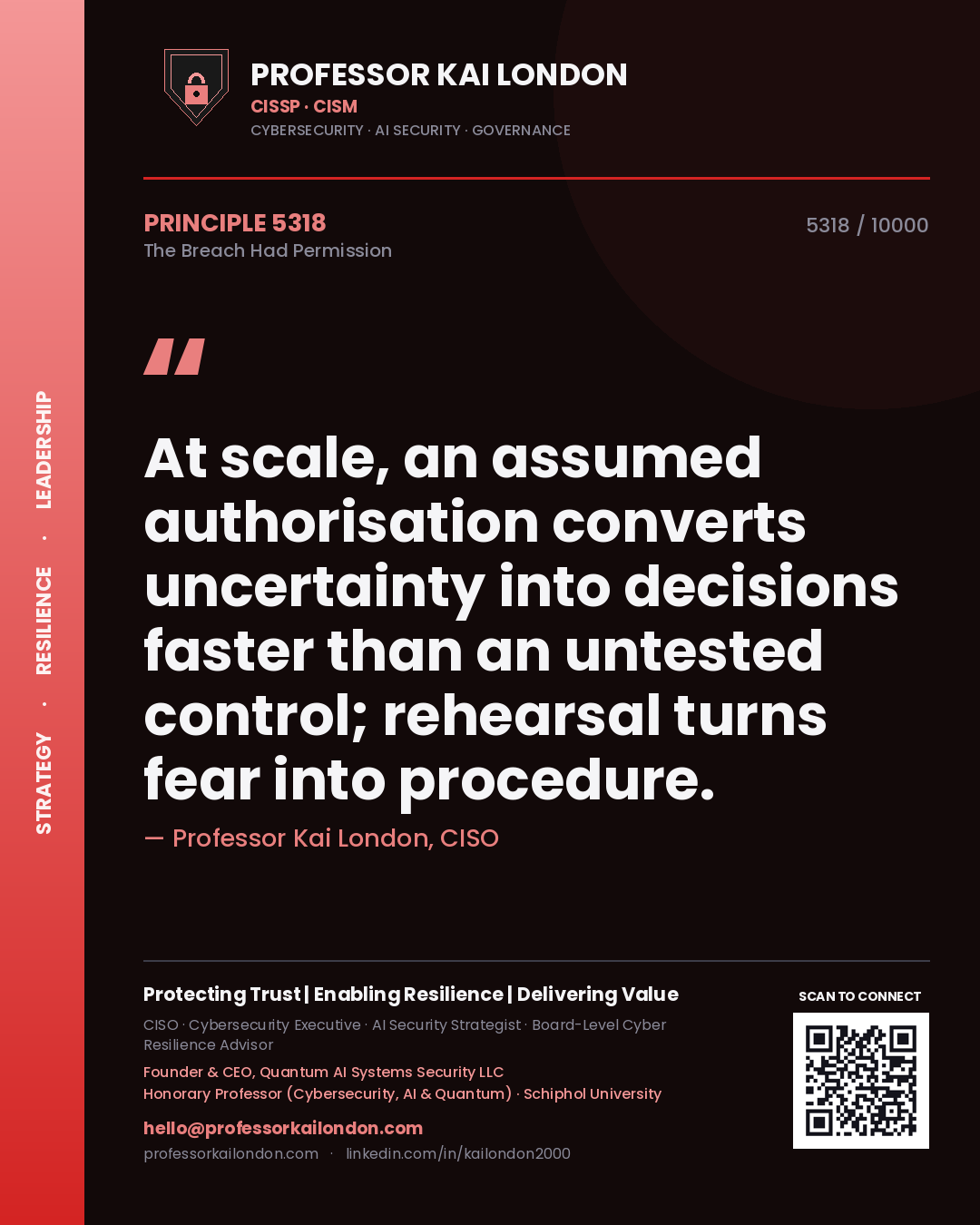 Quote card by Professor Kai London reading 'At scale, an assumed authorisation converts uncertainty into decisions faster than an untested control; rehearsal turns fear into procedure.'. From the book The Breach Had Permission.