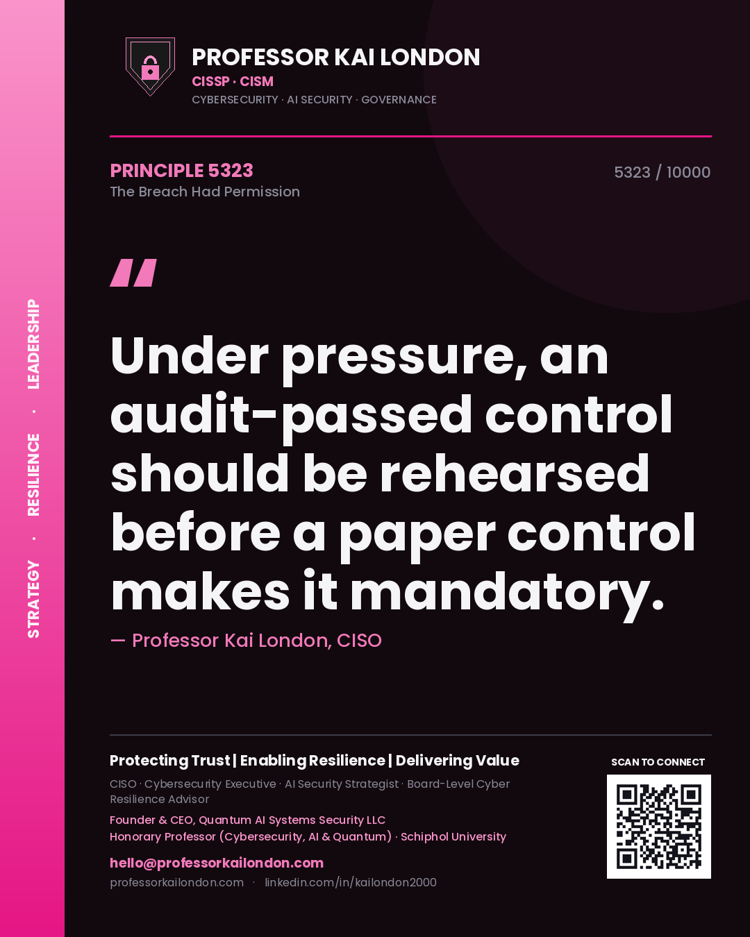 Professor Kai London principle 5323: Under pressure, an audit-passed control should be rehearsed before a paper control makes it mandatory.