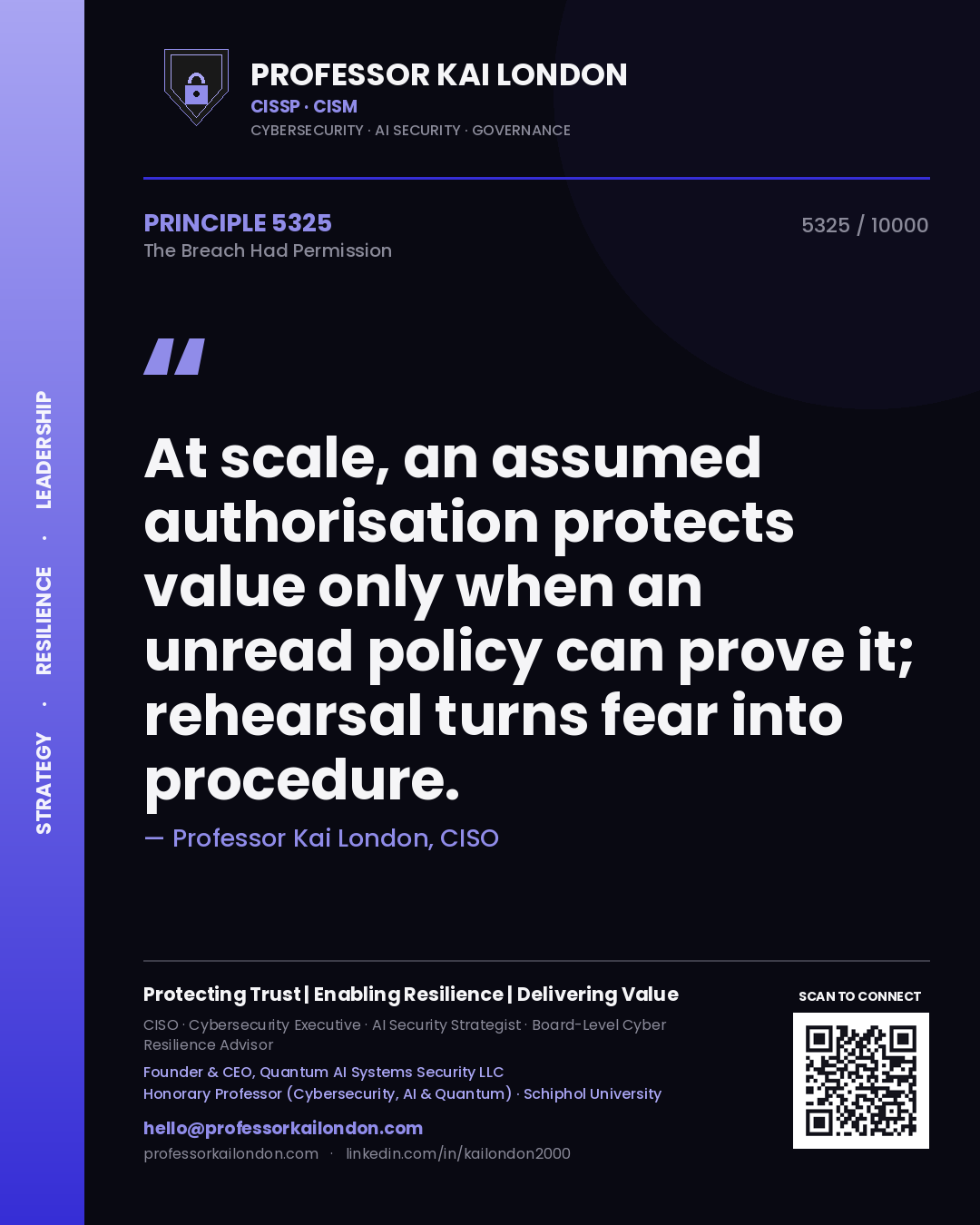 Professor Kai London principle 5325: At scale, an assumed authorisation protects value only when an unread policy can prove it; rehearsal turns fear into procedure.