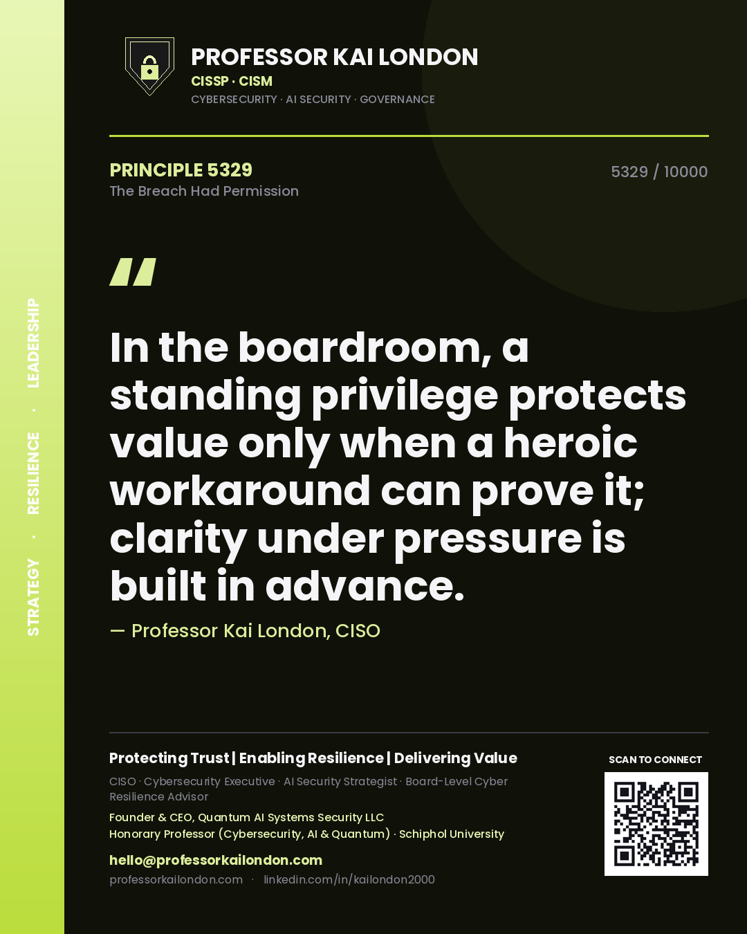 Professor Kai London principle 5329: In the boardroom, a standing privilege protects value only when a heroic workaround can prove it; clarity under pressure is built in advance.