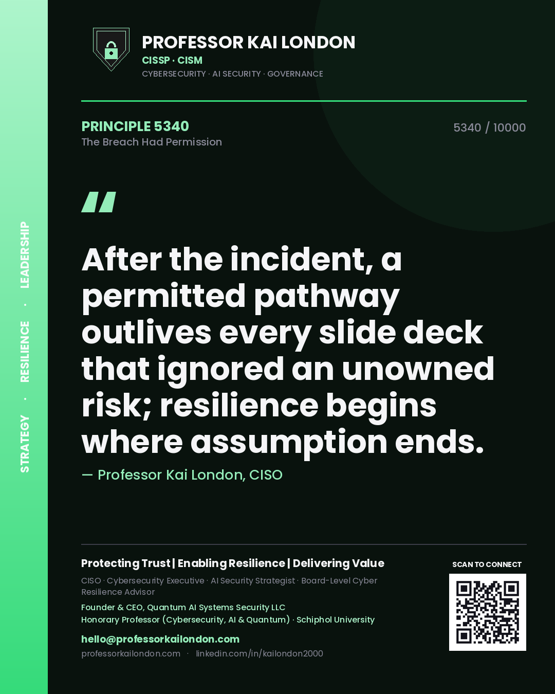 Professor Kai London principle 5340: After the incident, a permitted pathway outlives every slide deck that ignored an unowned risk; resilience begins where assumption ends.