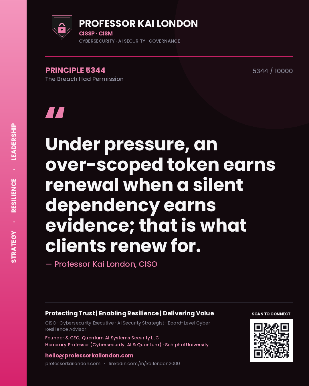 Professor Kai London principle 5344: Under pressure, an over-scoped token earns renewal when a silent dependency earns evidence; that is what clients renew for.