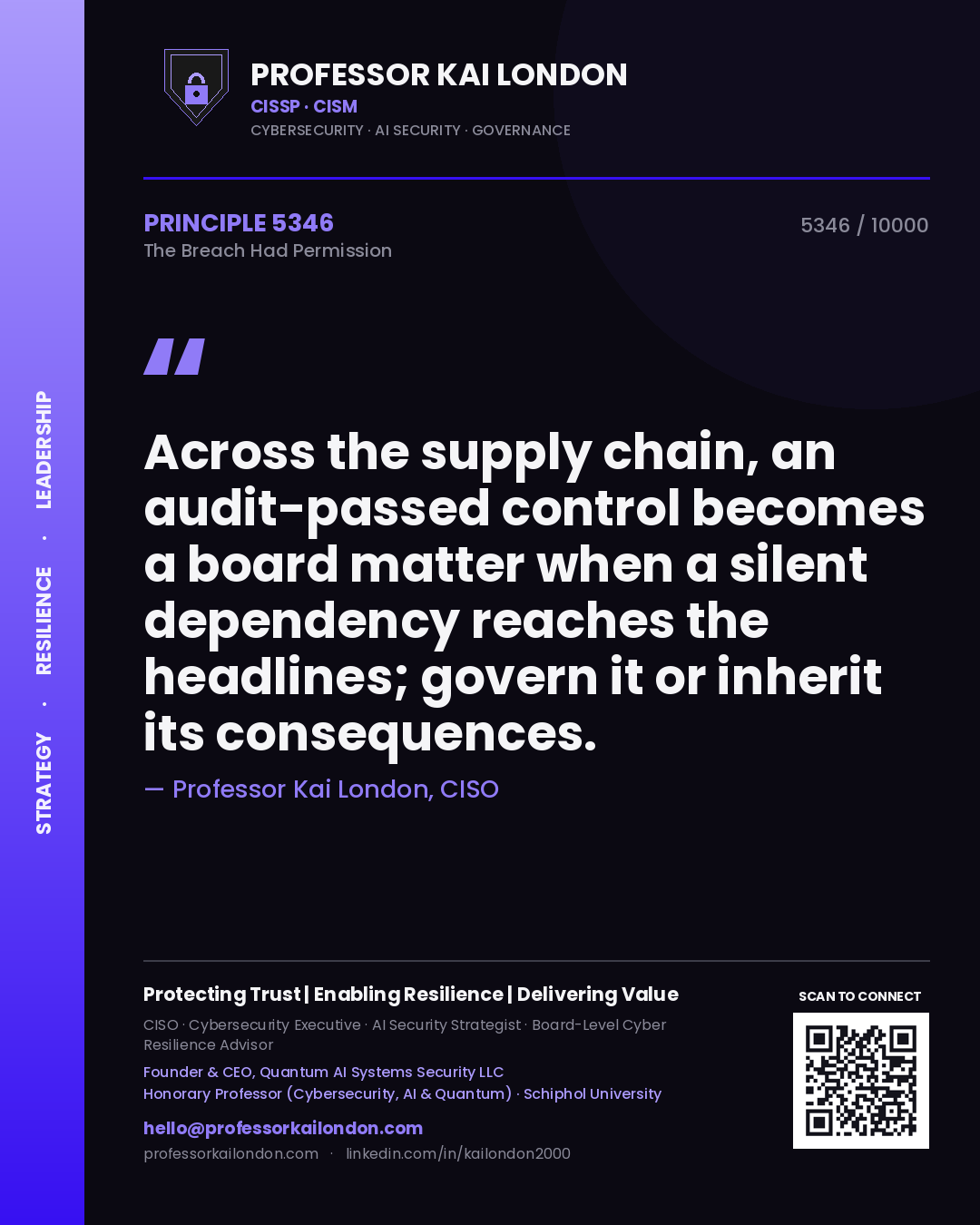 Quote card by Professor Kai London reading 'Across the supply chain, an audit-passed control becomes a board matter when a silent dependency reaches the headlines; govern it or inherit its consequences.'. From the book The Breach Had Permission.