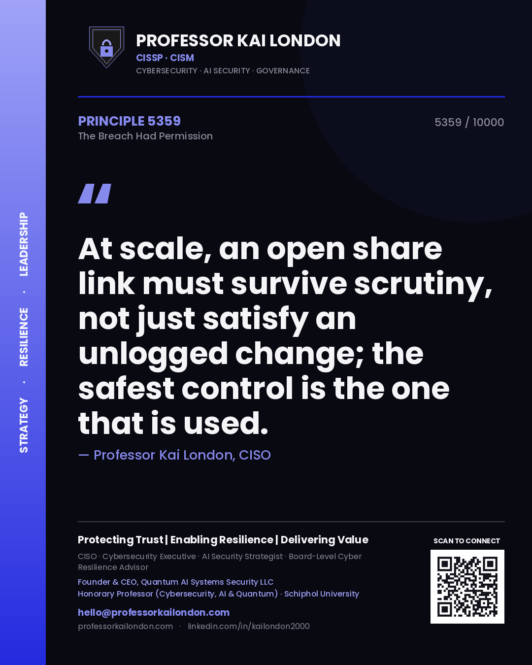 Quote card by Professor Kai London reading 'At scale, an open share link must survive scrutiny, not just satisfy an unlogged change; the safest control is the one that is used.'. From the book The Breach Had Permission.