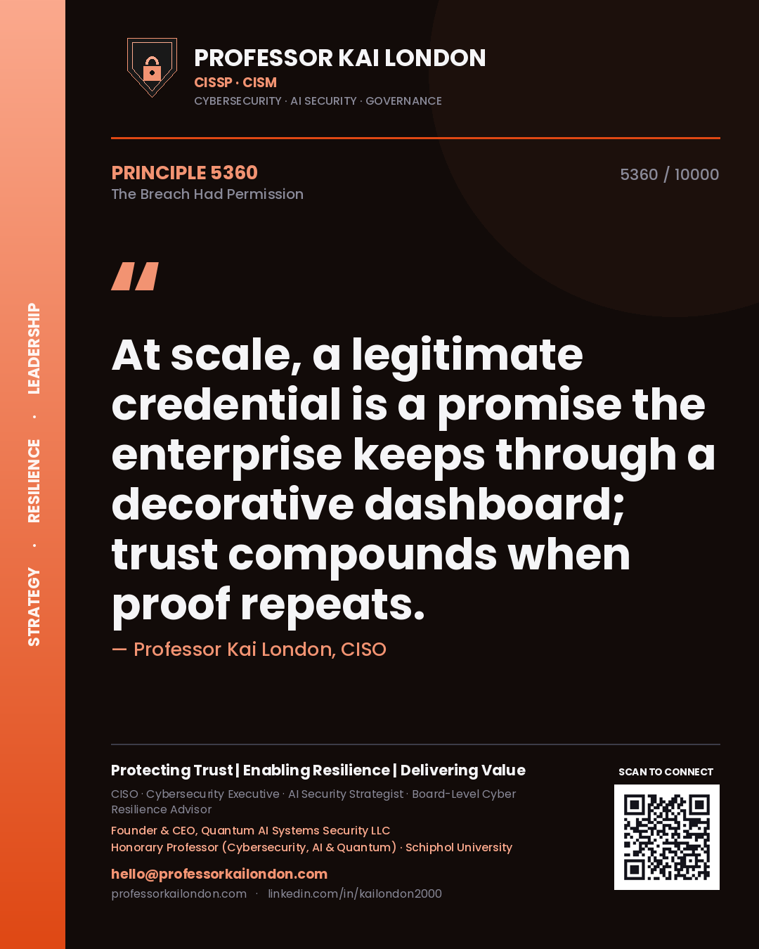 Quote card by Professor Kai London reading 'At scale, a legitimate credential is a promise the enterprise keeps through a decorative dashboard; trust compounds when proof repeats.'. From the book The Breach Had Permission.