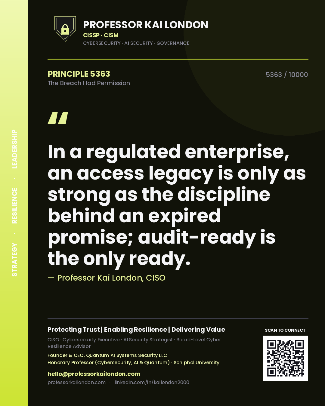 Quote card by Professor Kai London reading 'In a regulated enterprise, an access legacy is only as strong as the discipline behind an expired promise; audit-ready is the only ready.'. From the book The Breach Had Permission.
