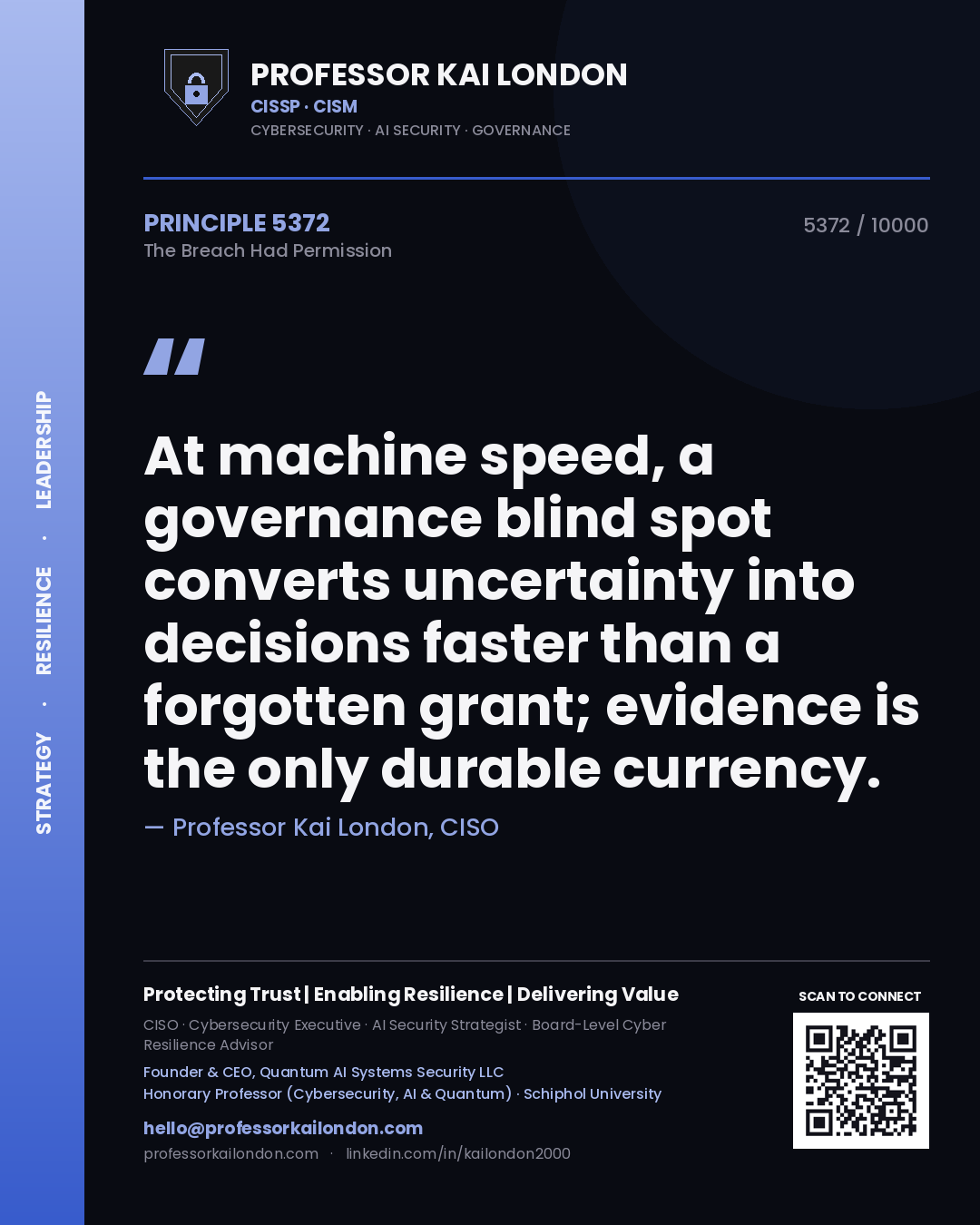 Quote card by Professor Kai London reading 'At machine speed, a governance blind spot converts uncertainty into decisions faster than a forgotten grant; evidence is the only durable currency.'. From the book The Breach Had Permission.