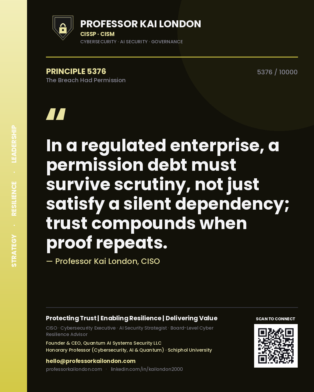 Quote card by Professor Kai London reading 'In a regulated enterprise, a permission debt must survive scrutiny, not just satisfy a silent dependency; trust compounds when proof repeats.'. From the book The Breach Had Permission.