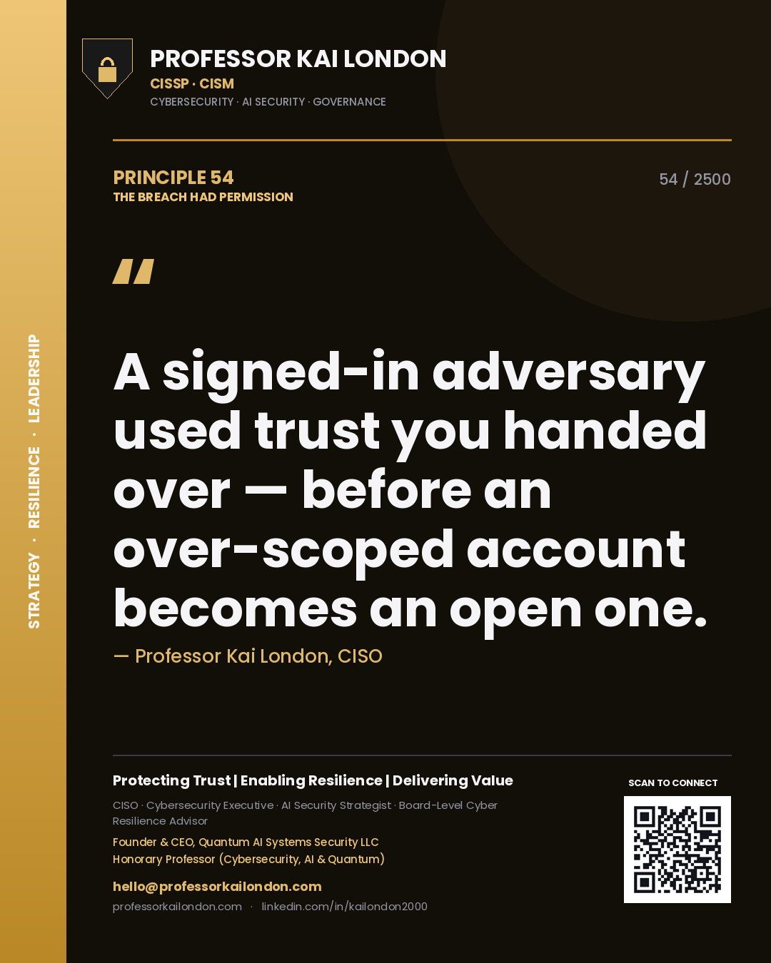 Professor Kai London principle 54: A signed-in adversary used trust you handed over — before an over-scoped account becomes an open one.