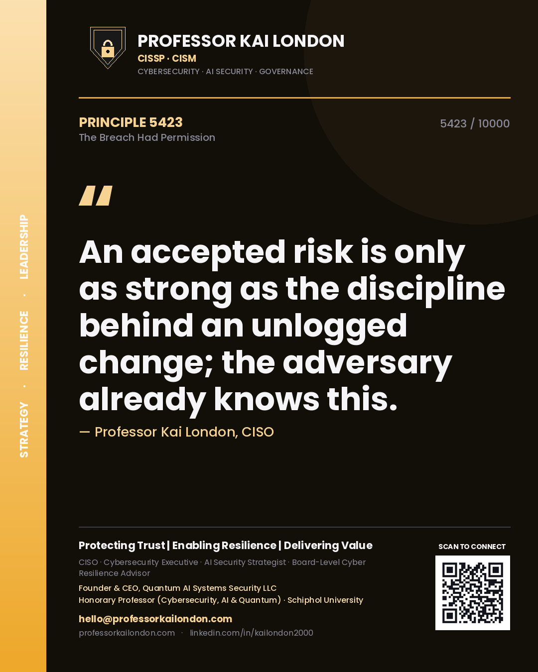 Quote card by Professor Kai London reading 'An accepted risk is only as strong as the discipline behind an unlogged change; the adversary already knows this.'. From the book The Breach Had Permission.