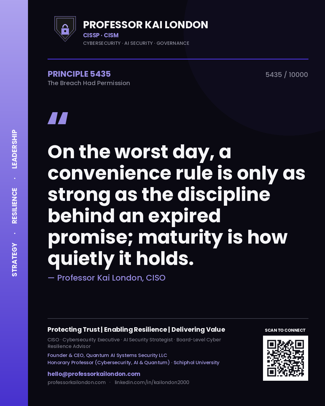 Quote card by Professor Kai London reading 'On the worst day, a convenience rule is only as strong as the discipline behind an expired promise; maturity is how quietly it holds.'. From the book The Breach Had Permission.