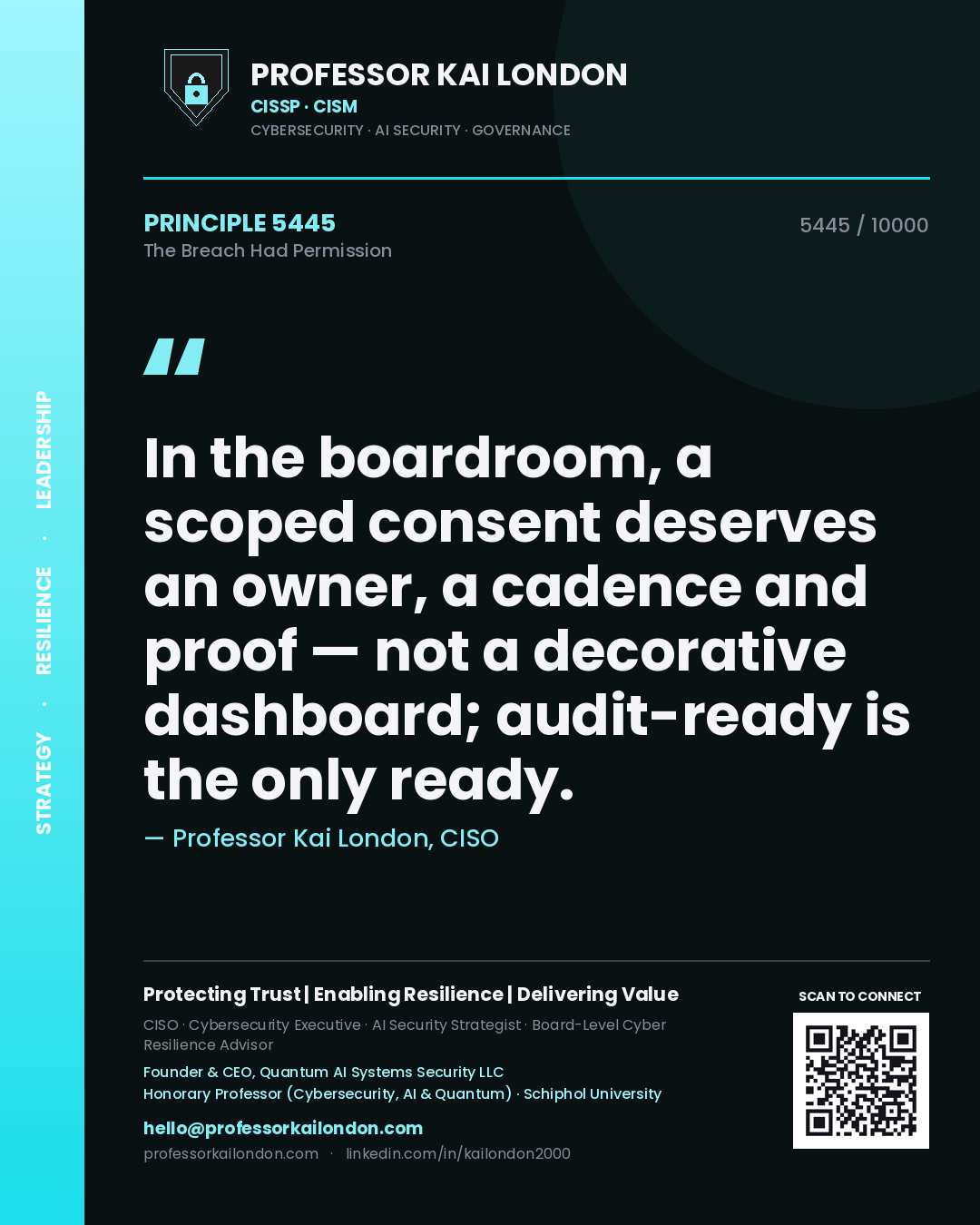 Quote card by Professor Kai London reading 'In the boardroom, a scoped consent deserves an owner, a cadence and proof — not a decorative dashboard; audit-ready is the only ready.'. From the book The Breach Had Permission.