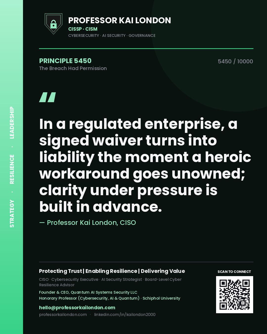 Quote card by Professor Kai London reading 'In a regulated enterprise, a signed waiver turns into liability the moment a heroic workaround goes unowned; clarity under pressure is built in advance.'. From the book The Breach Had Permission.