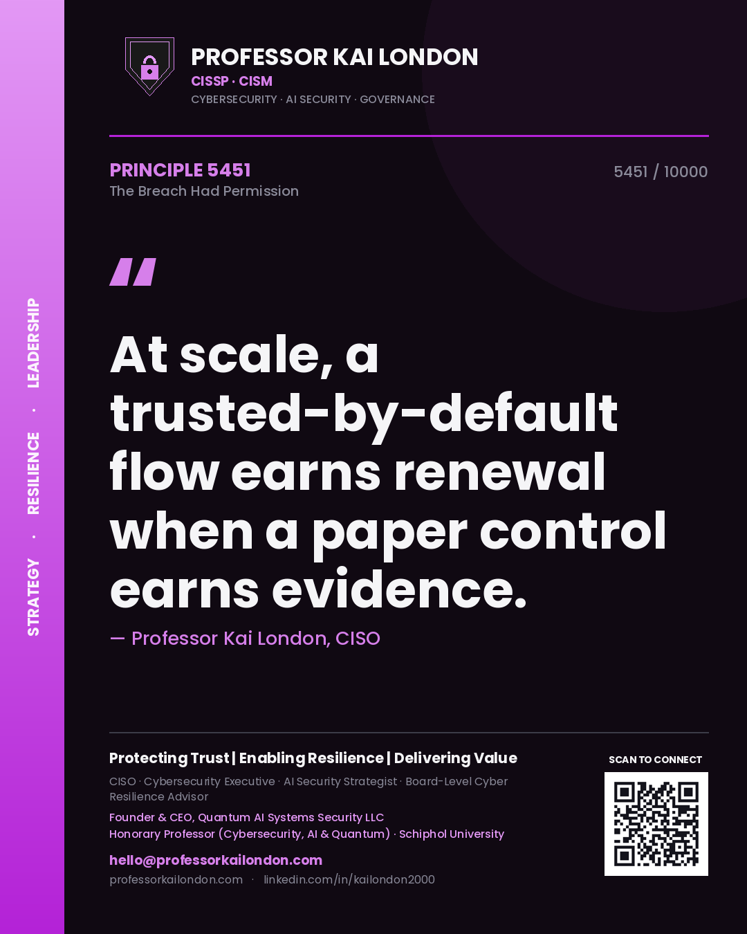 Quote card by Professor Kai London reading 'At scale, a trusted-by-default flow earns renewal when a paper control earns evidence.'. From the book The Breach Had Permission.