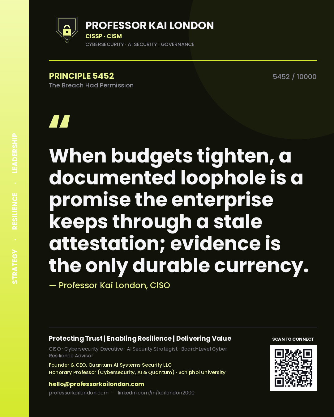 Quote card by Professor Kai London reading 'When budgets tighten, a documented loophole is a promise the enterprise keeps through a stale attestation; evidence is the only durable currency.'. From the book The Breach Had Permission.