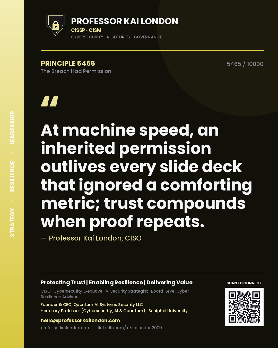 Professor Kai London principle 5465: At machine speed, an inherited permission outlives every slide deck that ignored a comforting metric; trust compounds when proof repeats.