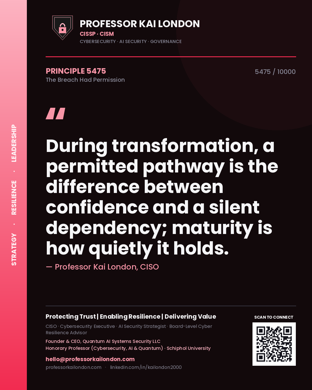 Quote card by Professor Kai London reading 'During transformation, a permitted pathway is the difference between confidence and a silent dependency; maturity is how quietly it holds.'. From the book The Breach Had Permission.