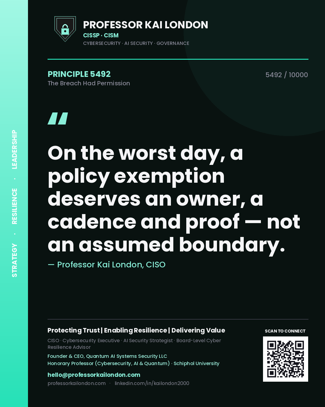 Professor Kai London principle 5492: On the worst day, a policy exemption deserves an owner, a cadence and proof — not an assumed boundary.