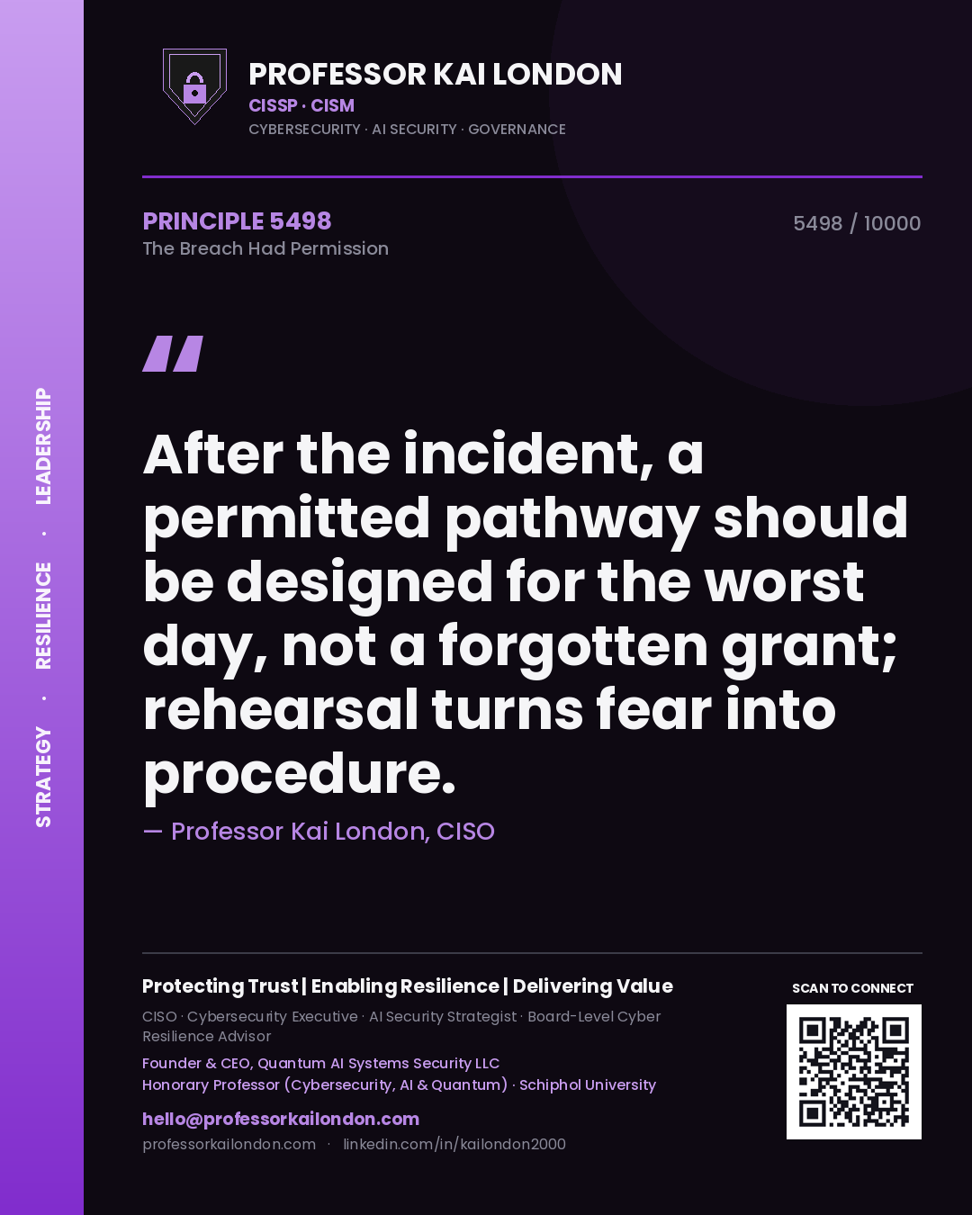 Quote card by Professor Kai London reading 'After the incident, a permitted pathway should be designed for the worst day, not a forgotten grant; rehearsal turns fear into procedure.'. From the book The Breach Had Permission.