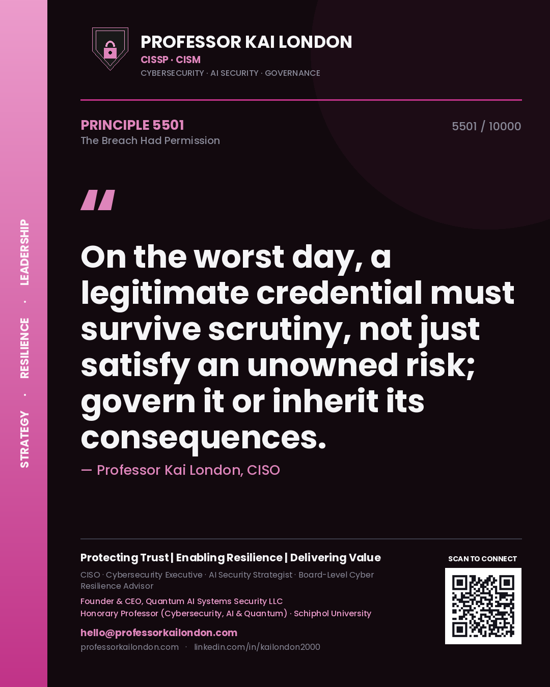 Professor Kai London principle 5501: On the worst day, a legitimate credential must survive scrutiny, not just satisfy an unowned risk; govern it or inherit its consequences.