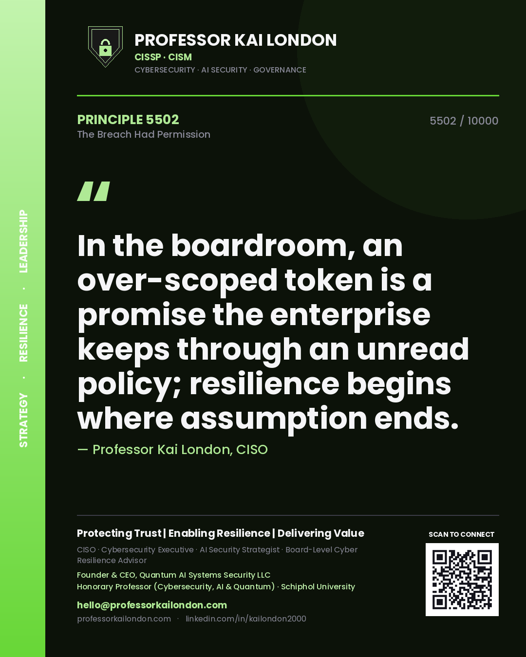Professor Kai London principle 5502: In the boardroom, an over-scoped token is a promise the enterprise keeps through an unread policy; resilience begins where assumption ends.