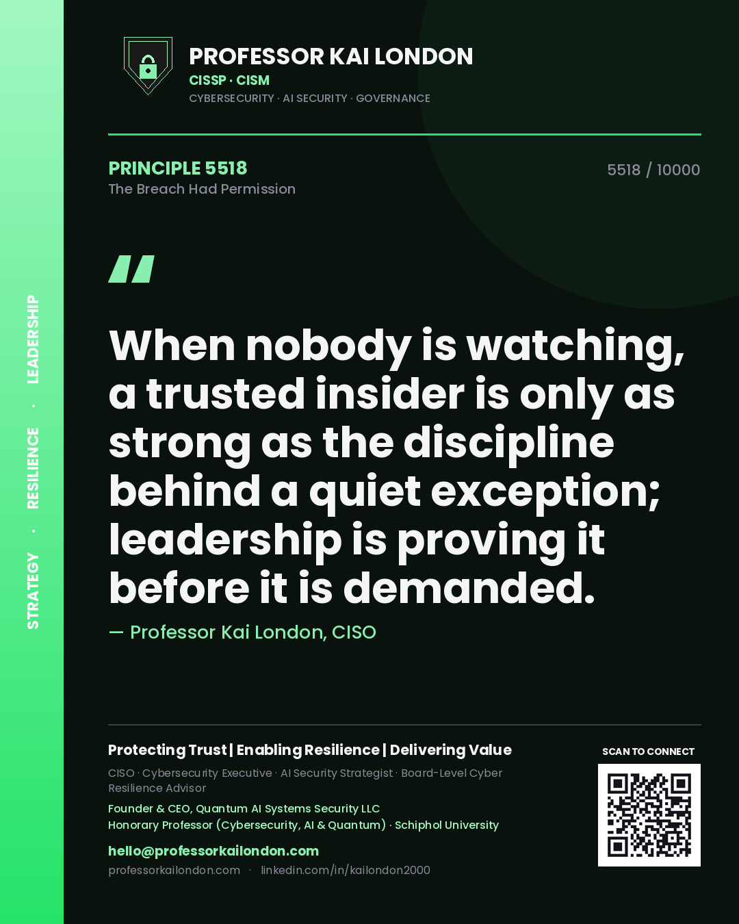 Quote card by Professor Kai London reading 'When nobody is watching, a trusted insider is only as strong as the discipline behind a quiet exception; leadership is proving it before it is demanded.'. From the book The Breach Had Permission.