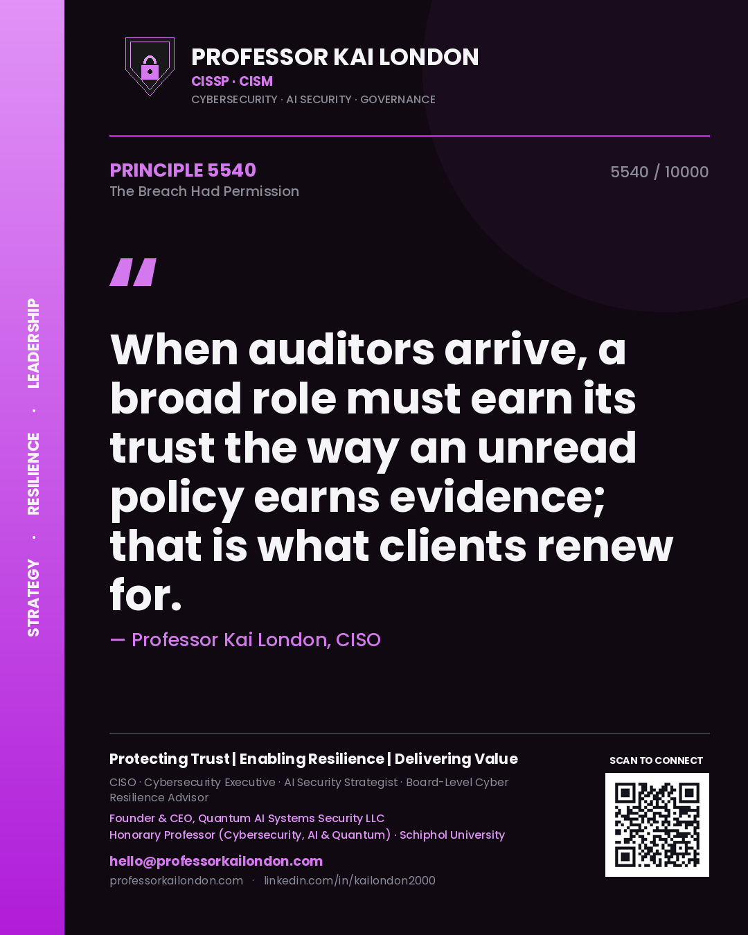 Quote card by Professor Kai London reading 'When auditors arrive, a broad role must earn its trust the way an unread policy earns evidence; that is what clients renew for.'. From the book The Breach Had Permission.