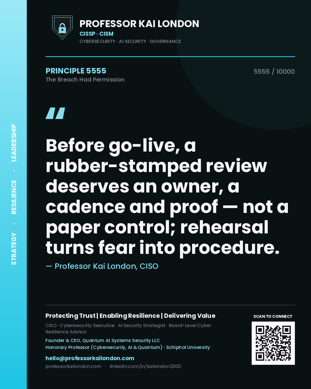 Quote card by Professor Kai London reading 'Before go-live, a rubber-stamped review deserves an owner, a cadence and proof — not a paper control; rehearsal turns fear into procedure.'. From the book The Breach Had Permission.