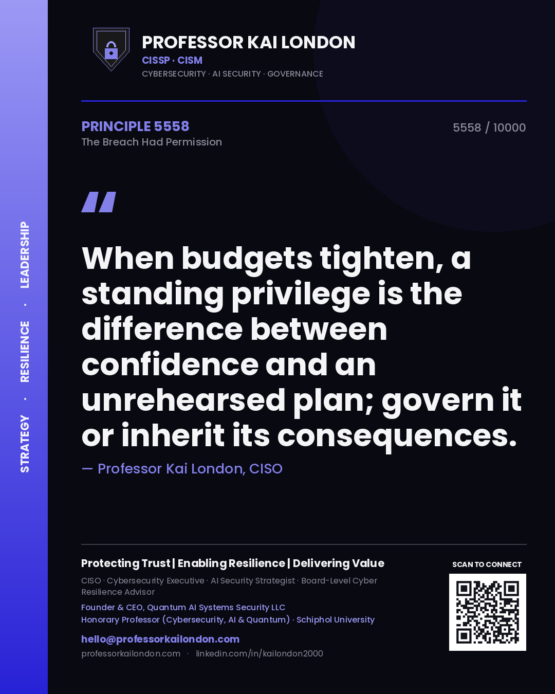 Quote card by Professor Kai London reading 'When budgets tighten, a standing privilege is the difference between confidence and an unrehearsed plan; govern it or inherit its consequences.'. From the book The Breach Had Permission.
