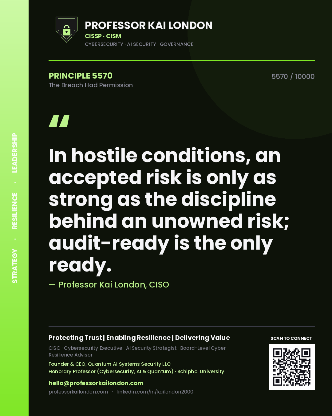 Quote card by Professor Kai London reading 'In hostile conditions, an accepted risk is only as strong as the discipline behind an unowned risk; audit-ready is the only ready.'. From the book The Breach Had Permission.