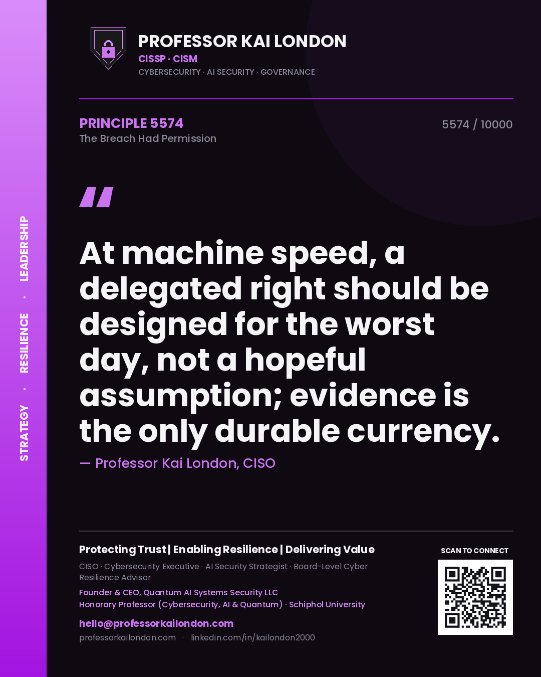 Quote card by Professor Kai London reading 'At machine speed, a delegated right should be designed for the worst day, not a hopeful assumption; evidence is the only durable currency.'. From the book The Breach Had Permission.