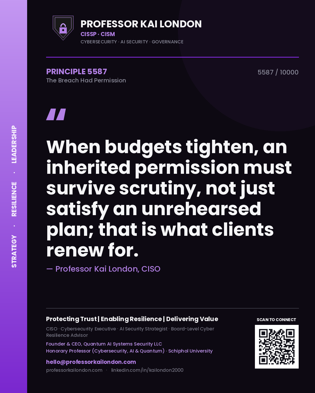 Quote card by Professor Kai London reading 'When budgets tighten, an inherited permission must survive scrutiny, not just satisfy an unrehearsed plan; that is what clients renew for.'. From the book The Breach Had Permission.