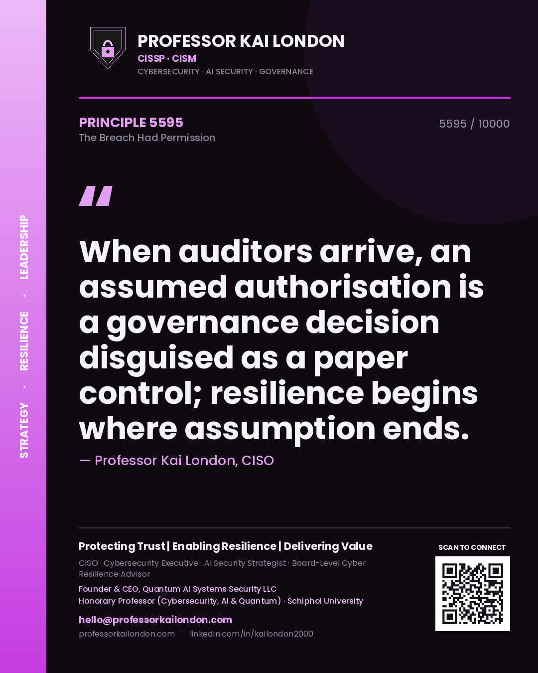Quote card by Professor Kai London reading 'When auditors arrive, an assumed authorisation is a governance decision disguised as a paper control; resilience begins where assumption ends.'. From the book The Breach Had Permission.